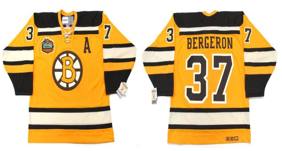 2019 Men Boston Bruins 37 Bergeron Yellow CCM NHL jerseys1